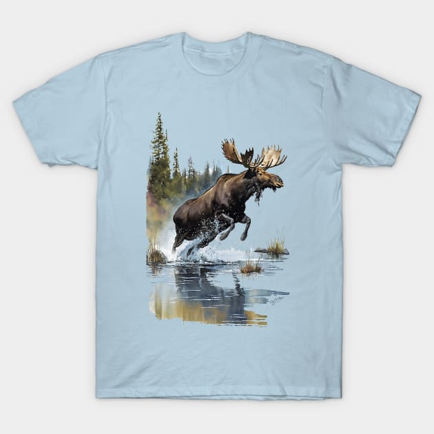 Moose Jumping In Stream T-Shirt by TheCore